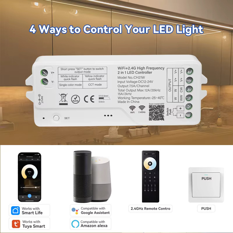 Tuya Smart LED-Controller DC12-24V CH21W mit 2,4GHz WiFi und RF für einfarbige, zweifarbige, RGB, RGBW und RGBCCT LED-Streifen - Bild 3
