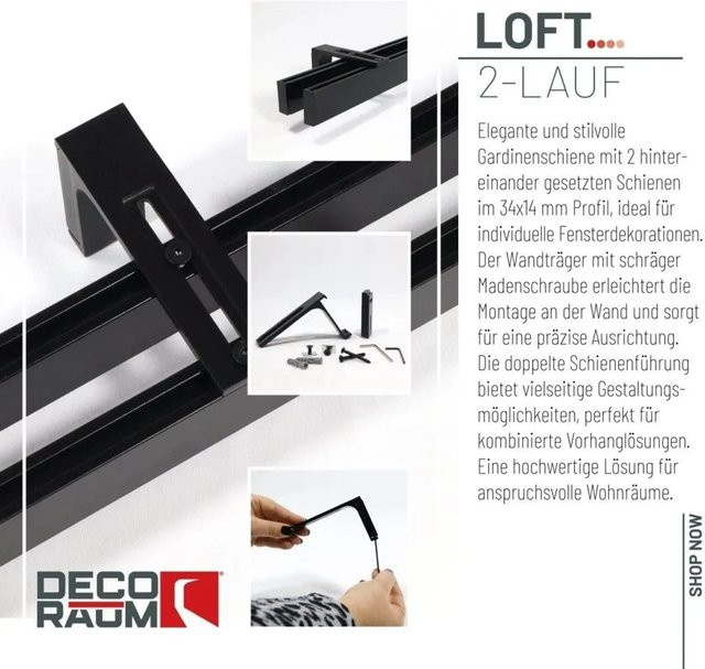 Deco-Raum Gardinenschiene Loft nach Maß, 2-Lauf, gerade, Schwarz, Länge: 360 cm - Bild 1