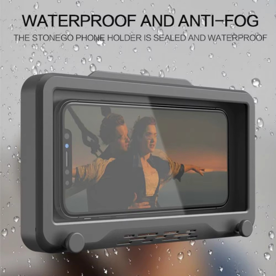 STONEGO Wandmontage Telefonhalter in Weiß, wasserdichter 360 Grad drehbarer Smartphone-Ständer mit Touchscreen-Schutz für Küche und Bad - Bild 1