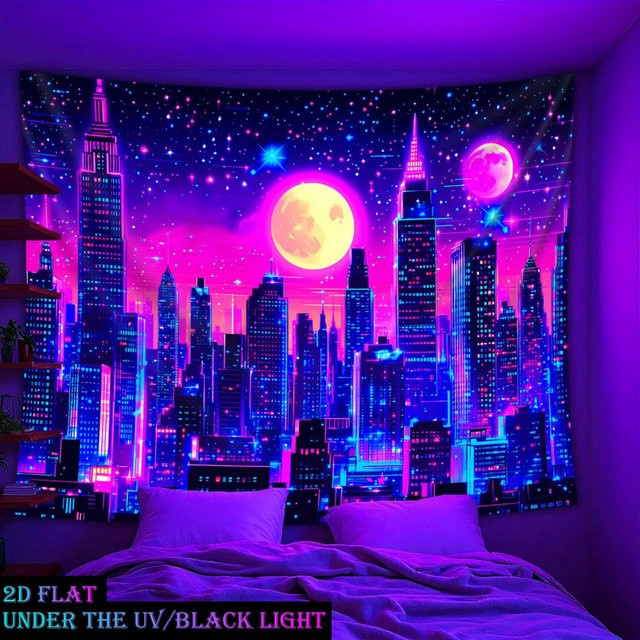 VIKAMA Cyberpunk Neon City Wandteppich in Lila-Blau mit Sternenhimmel und Vaporwave-Design, B: 60 cm, H: 40 cm - Bild 1