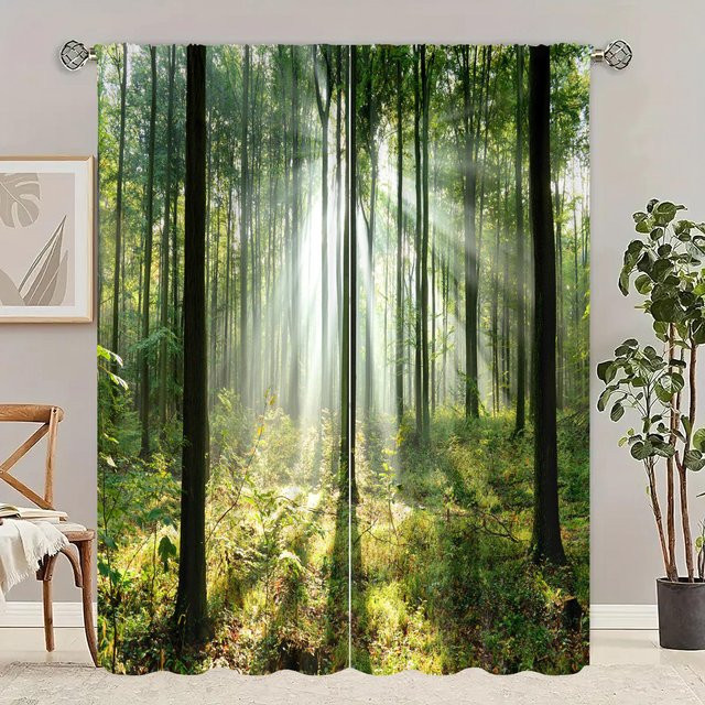 2er-Set Vorhang mit Wald-Print in Grün und Multicolour aus Polyester, semi-transparent, modern Design für Wohnzimmer oder Schlafzimmer, Breite: 106,68 cm, Höhe: 213,36 cm - Bild 1