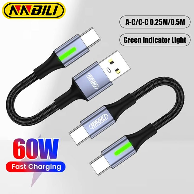 NNBILI USB-C zu USB-C Datenkabel mit kurzem Ellenbogen-Design in Schwarz für schnelles Aufladen von iPhone 16, 15, Xiaomi, Samsung und Huawei - Bild 1