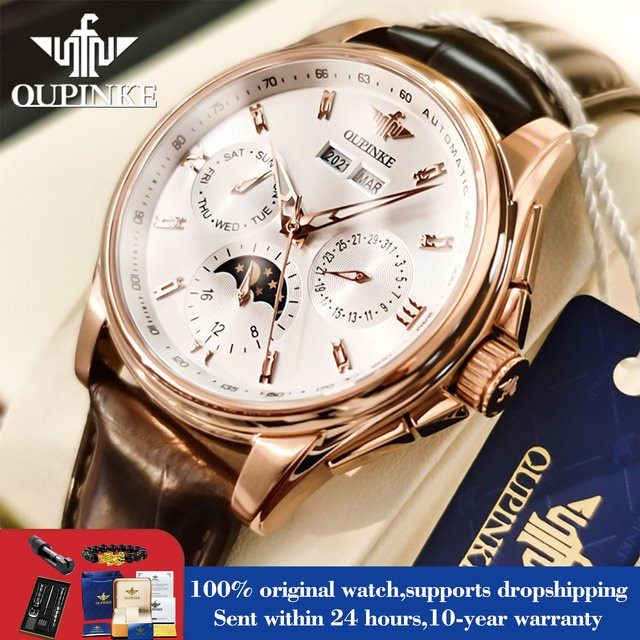 OUPINKE Herrenuhr, Automatik, Edelstahl, Leder, Weiß, 5 ATM, Herren - Bild 1