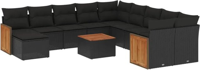 vidaXL 12-tlg. Garten-Sofagarnitur in U-Form aus Polyrattan und Akazienholz mit Kissen, Schwarz - Bild 1