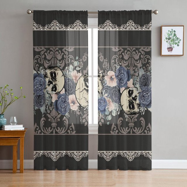 Super Six Halloween Voile-Fenstervorhänge mit Totenkopf-Blumen-Motiv, transparent, grau, B: 135 cm, H: 114 cm - Bild 1