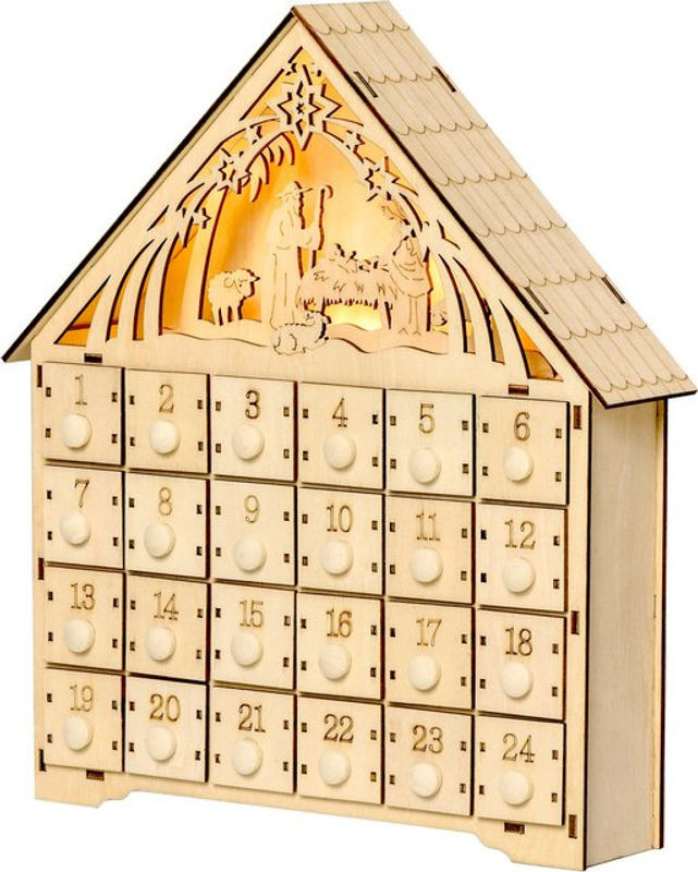 HOMCOM Adventskalender aus Naturholz mit 24 Schubladen und LED-Lichtern, Weihnachtsdekoration zum Befüllen in Braun, B: 26,6 cm, T: 6 cm, H: 30 cm - Bild 1