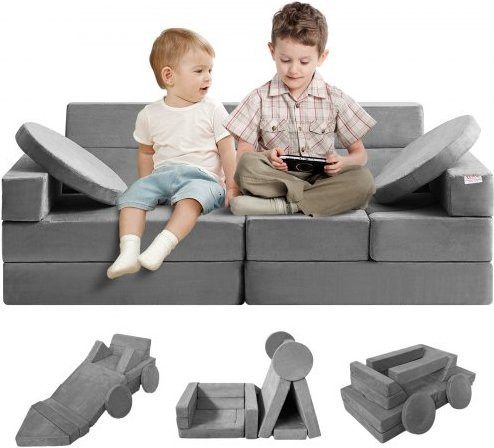 VEVOR Multifunktionales 15-teiliges Kinderspielsofa aus Schaumstoff mit Samtstoff in Grau - Bild 1