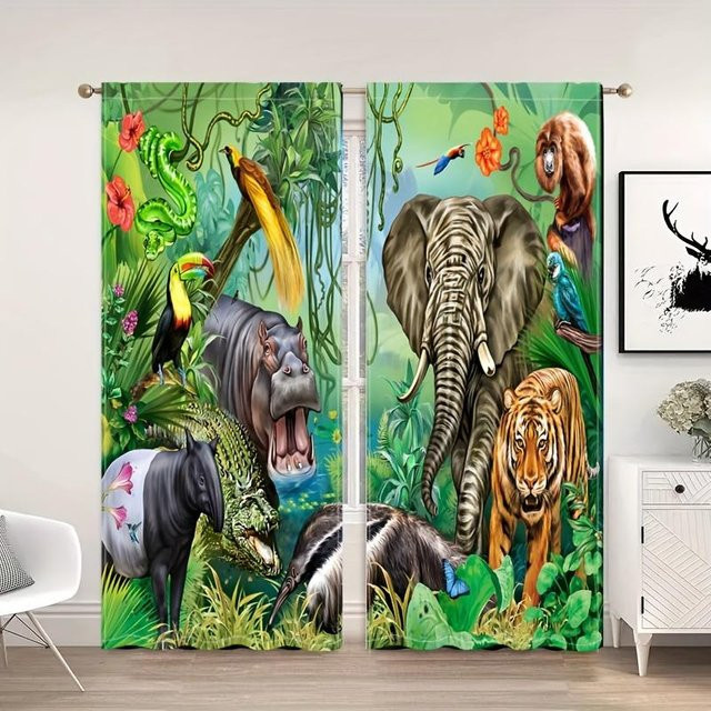 Yiran Furniture Zoo Vorhänge mit Wald Tierprint für Kinder, 2er Set, Mehrfarbig, B/H: 70 x 245 cm - Bild 1
