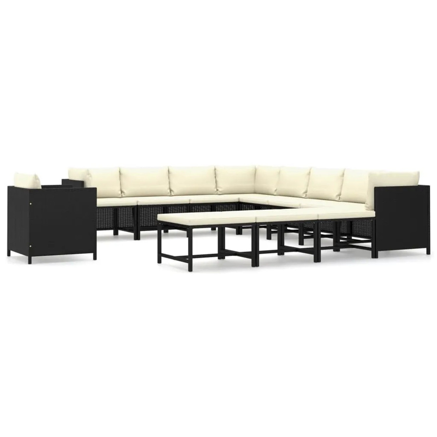 vidaXL 12-tlg. Garten-Lounge-Set aus Polyethylen-Rattan und pulverbeschichtetem Stahl in Schwarz mit Kissen - Bild 2