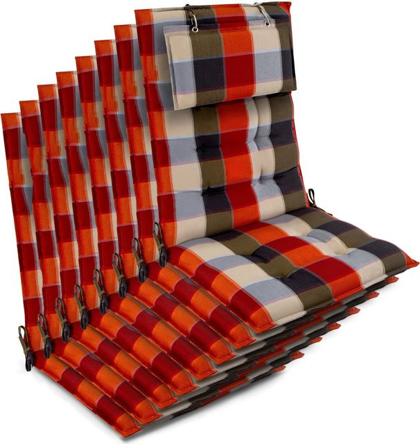 Beautissu 8er Set Sun-HL Hochlehner Auflage, Orange-Beige-Kariert, B/T/H: 120 x 50 x 8 cm - Bild 1