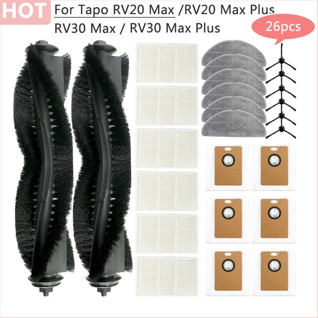 Zubehör-Set für Tapo RV20 Max RV20 Plus RV30 Max RV30 Plus Roboterstaubsauger mit Hauptbürste Seitenbürste Staubbeuteln und Hepa-Filtern in Schwarz - Bild 1