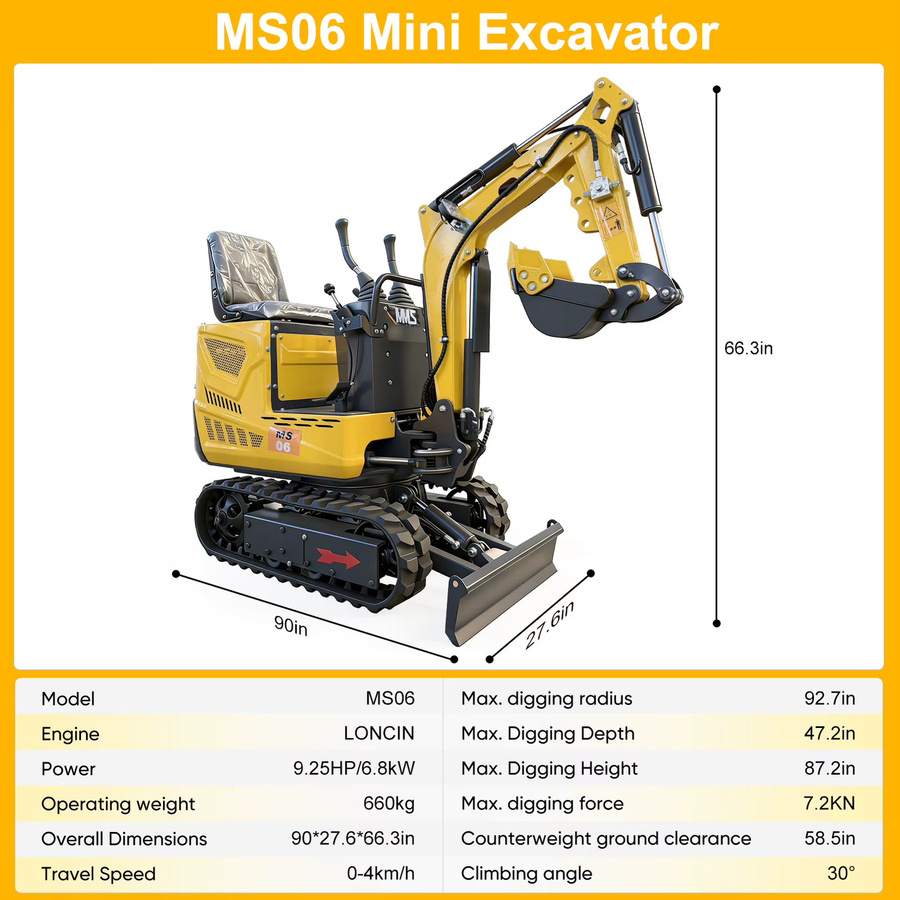 MMS Mini-Bagger 0,6 Tonnen mit 9,25 PS Benzinmotor, Schwenkausleger und Anbaugeräte-Set, Farbe: Gelb - Bild 7