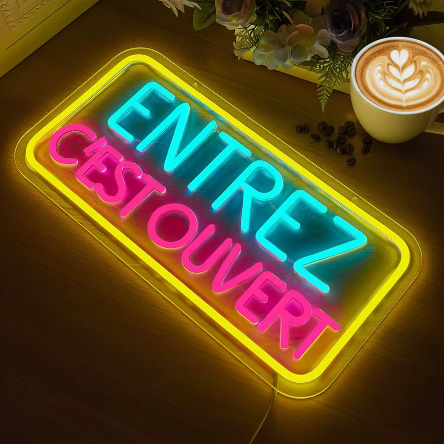 Entrez C'est Ouvert LED-Neonschild mit dimmbarer Funktion in Mehrfarbig für Geschäftsfronten und Glastüren - Bild 2