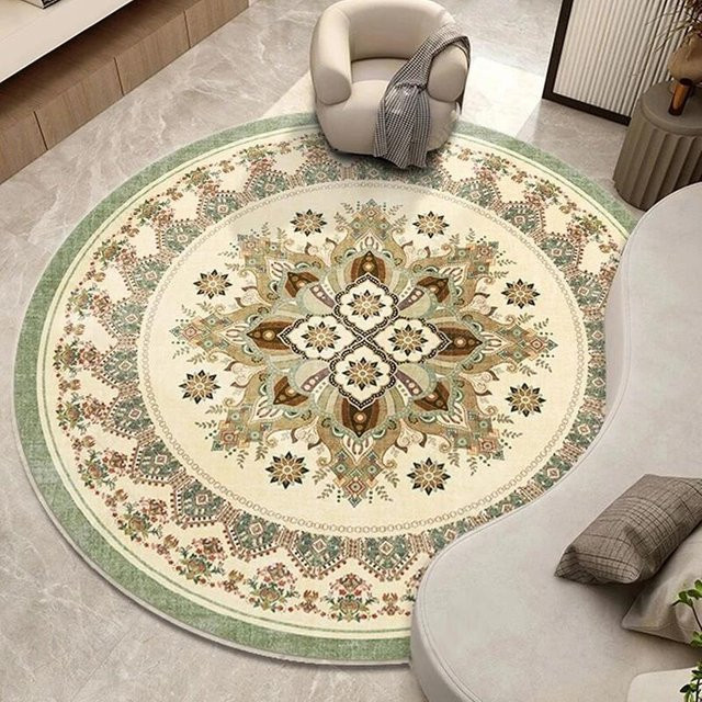 Runder Teppich JGJG in Beige mit ethnischem Wellenmuster und Mandala-Design, waschbar, Durchmesser: 100 cm - Bild 1
