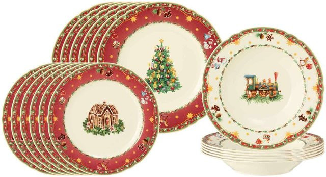 Seltmann Weiden Teller-Set Marieluise Weihnachtsnostalgie aus Porzellan, 18er Set, Beige/Multicolor mit floralem Design - Bild 1