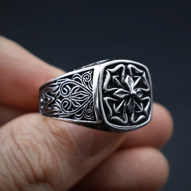 LENNIK Ring, Vierblättriges Kleeblatt, Messing, Silber, Herren - Bild 1