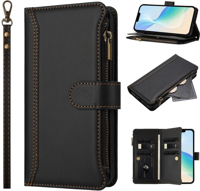 Handyhülle aus PU-Leder mit Reißverschluss und Kartenfächern für Samsung Galaxy A55 A35 A05 A16 A06 A56 A36 A26 A17 A37 A57 in Schwarz - Bild 1