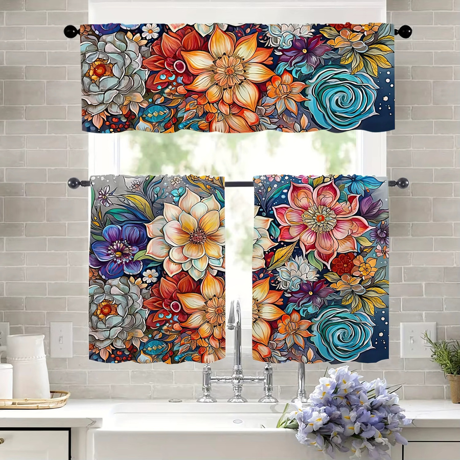 VIKAMA Bohemian Floral Küchenvorhänge mit Raffhalter, halbtransparente Vorhänge in Multicolour für Schlafzimmer oder Café - Bild 2