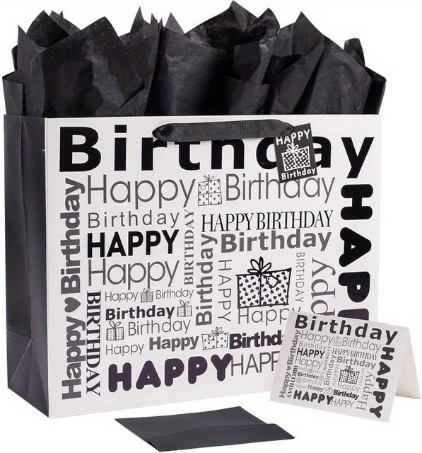 Große Geschenktüten Happy Birthday in Weiß und Schwarz mit Seidenpapier und Geburtstagskarte aus Papier - Bild 1