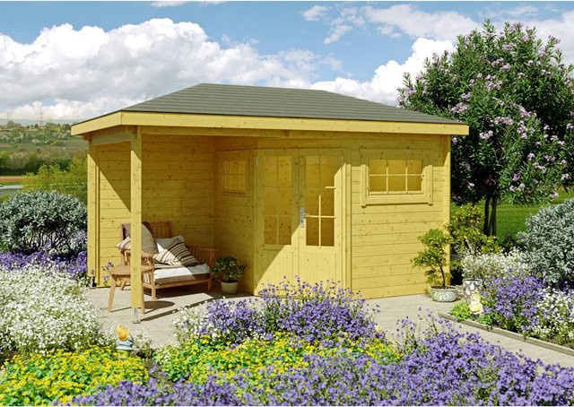 Fjordholz Gartenhaus Modell Evelyn 2B 5-Eck aus imprägnierter Kiefer in Braun und Gelb mit Fenster und Tür - Bild 1