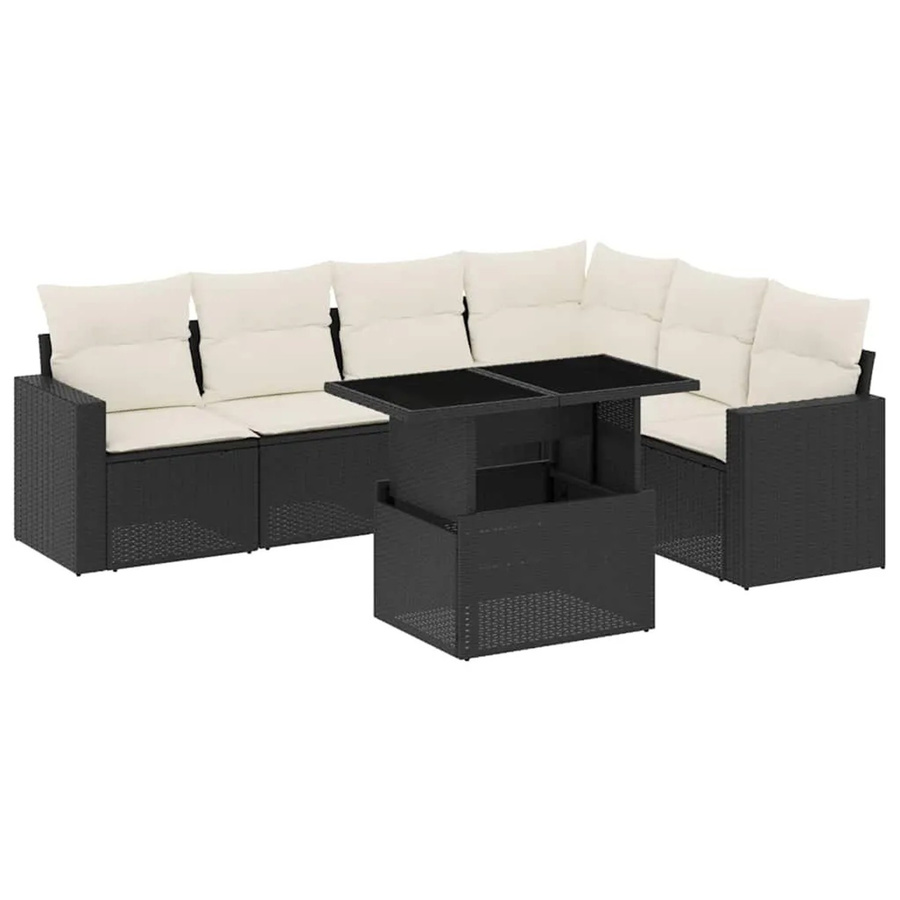 vidaXL 7-teilige Garten-Sofagarnitur in L-Form aus Poly-Rattan mit Kissen in Schwarz-Creme - Bild 2