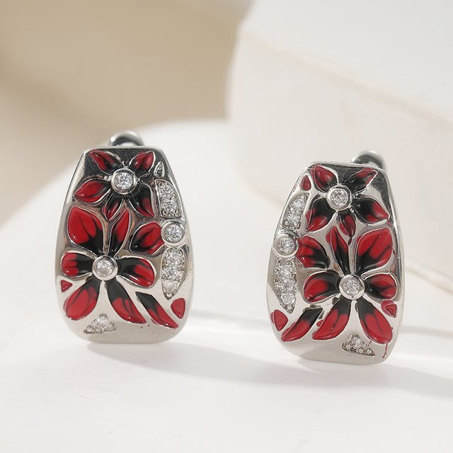 YoYo Ohrringe, Emaille, rotes Blumenmuster, Zirkonia, versilbert, Damen - Bild 1