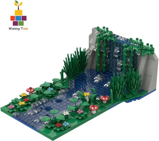 Stemedu MOC Bausteine Set Wasserfall mit Teich, Pilzen und Blumen, 647 Teile, Mehrfarbig - Bild 1