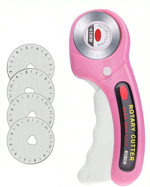 Rollschneider Set in Pink mit 4 Ersatzklingen, Nähclips und Stoffmarkierstift für DIY Nähen, Stoff und Leder, Klingenbreite: 45 mm - Bild 1