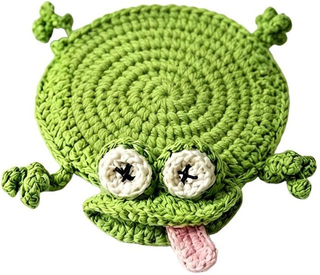 Bianzhufeng Häkel-Untersetzer Frosch in Grün, rutschfeste und weiche Tassenunterlage im Cartoon-Design - Bild 1
