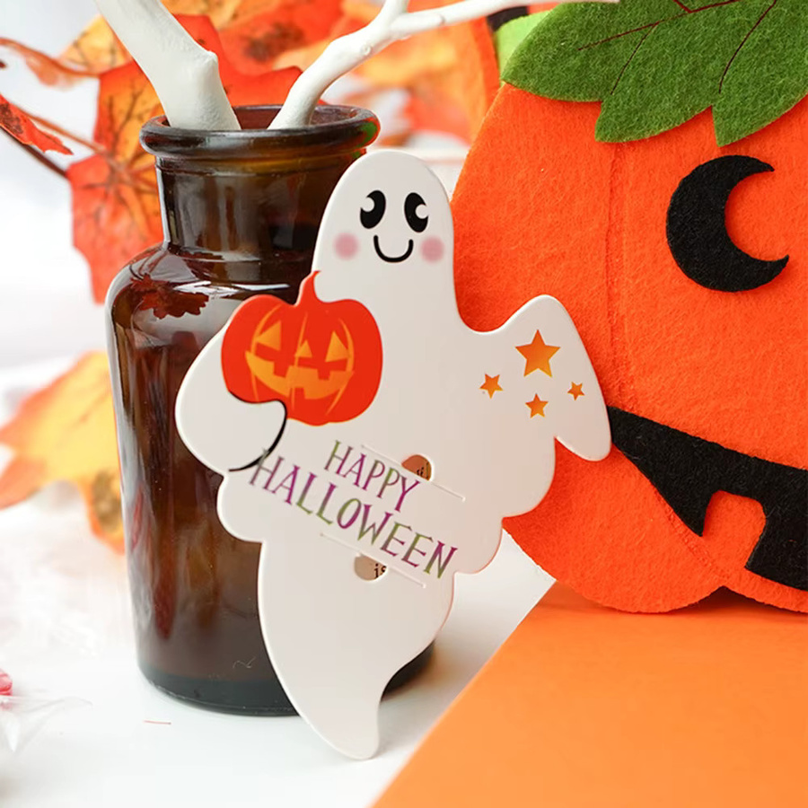 50 Stück Halloween Süßigkeiten Packkarten mit Kürbis und Geist in Orange für deine DIY Party Dekoration - Bild 1