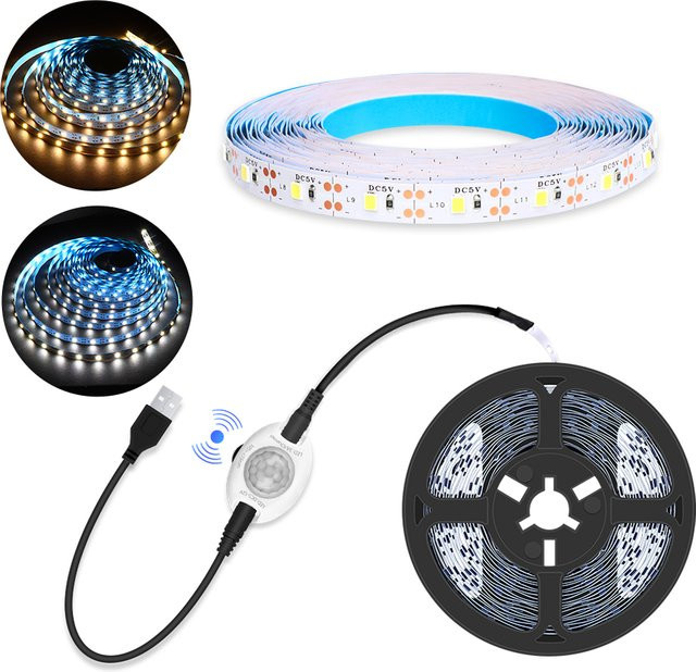 Gleco LED-Streifen mit Bewegungssensor 2835 SMD, Warmweiß, 5 m Länge, DC 5V, IP30 nicht wasserdicht - Bild 1