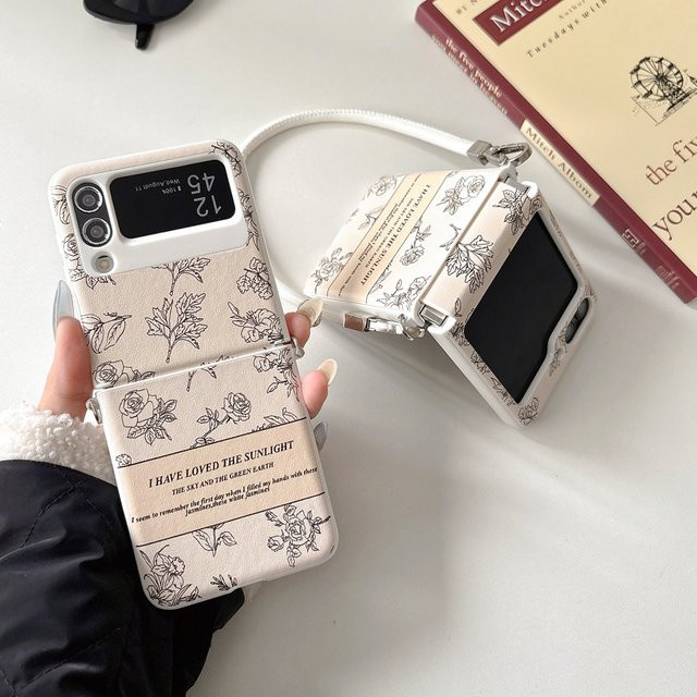 Samsung Galaxy Z Flip 6, Z Flip 5, Z Flip 4 und Z Flip 3 Crossbody-Handyhülle mit Trageband im Rose-Blumen-Design in Pink und Weiß - Bild 1