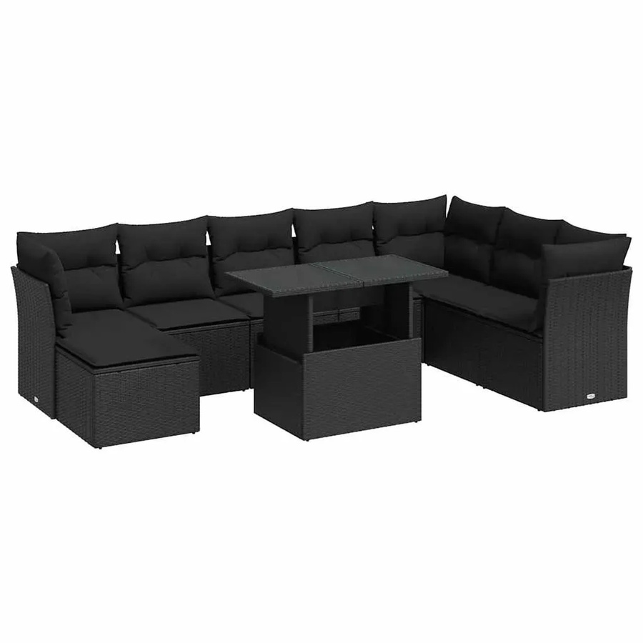 vidaXL 9-teilige Garten-Sofagarnitur in L-Form aus schwarzem Poly-Rattan mit Kissen und pulverbeschichtetem Stahlgestell - Bild 2