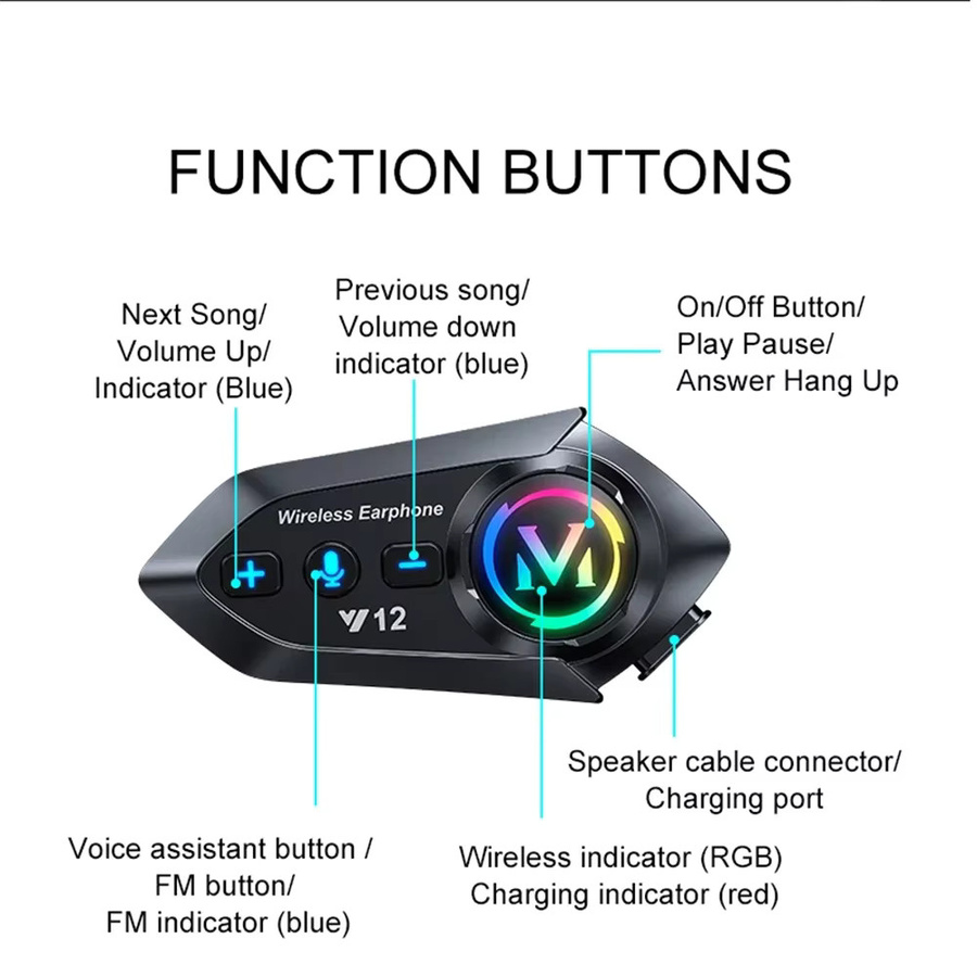 Velev Bluetooth 5.4 Helm-Headset Schwarz: Wasserdichtes kabelloses Freisprechsystem für Motorräder mit MP3-Musikplayer und Lautsprechern - Bild 5