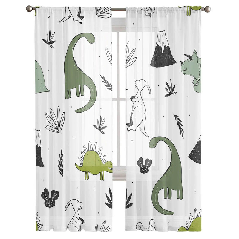 A Family Of Home Textiles Transparenter Voile-Hängevorhang mit Dinosaurier- und Pflanzen-Motiv in Tiergrün, Breite: 135 cm, Höhe: 244 cm - Bild 3