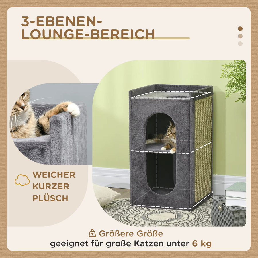 PawHut Kratztonne für Katzen in Grau mit 2 Katzenhöhlen, 2 Ebenen und Sisal-Kratzmatte aus Plüsch, B/T/H: 45 x 45 x 81 cm - Bild 6