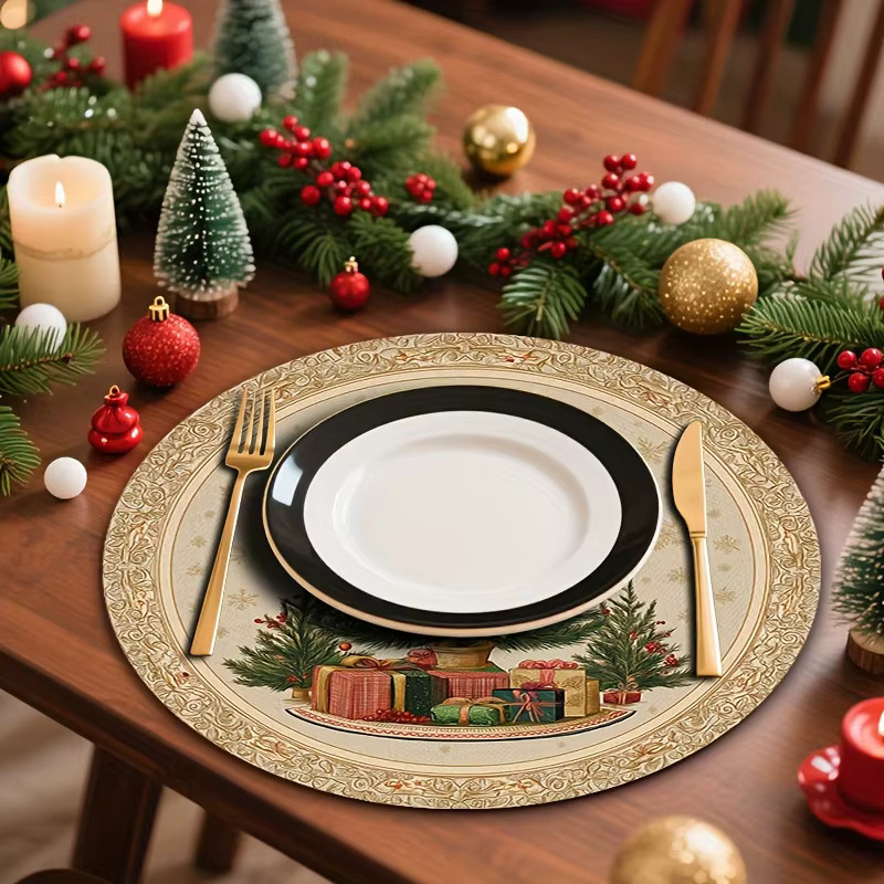 VIKAMA Weihnachtsbaum Runde Tischsets mit Sternen-Design, Mehrfarbig, Leinen, Durchmesser: 38 cm - Bild 2