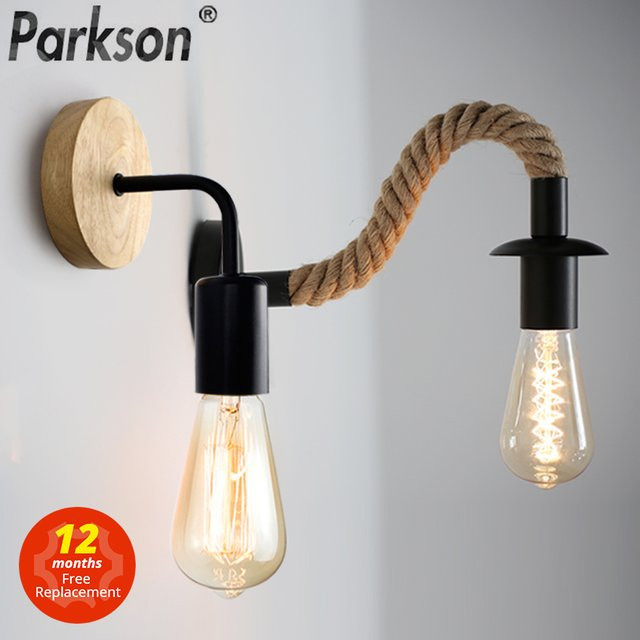 Industrielle Vintage Wandleuchte aus Holz und Hanfseil von PARKSON in Schwarz mit E27 Fassung - Bild 1