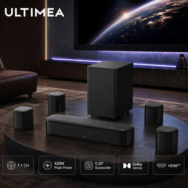 ULTIMEA Aura S5T 7.1-Kanal Soundbar mit Dolby Atmos, 420W Surround-Sound-System in Schwarz mit 5,25-Zoll-Subwoofer und 4 Surround-Lautsprechern - Bild 1
