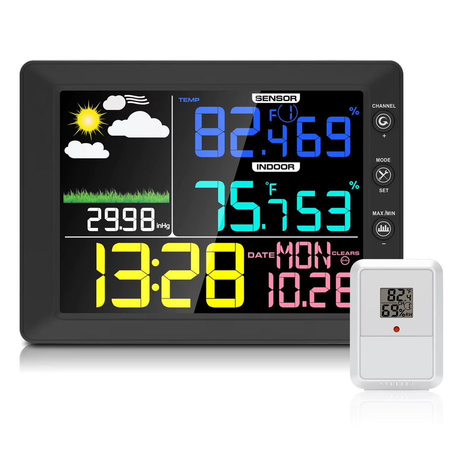 Urageuxy Digitale Wetterstation 2025 mit 8,3 Zoll Farb-Touchscreen, kabelloses Thermometer mit 3-in-1-Sensor für Innen und Außen sowie Taupunktmonitor, Schwarz - Bild 6