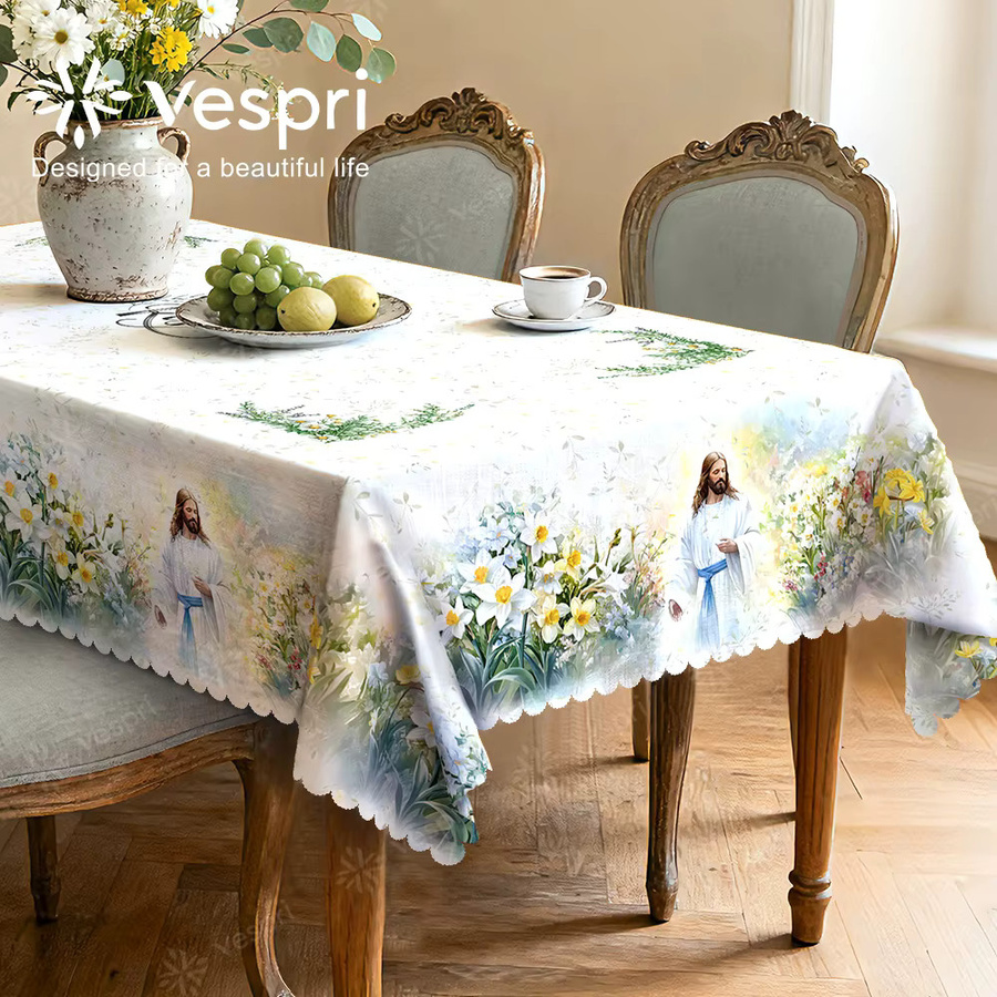Vespri Oster-Tischdecke mit blauem Blumenmuster in Weiß, rund, Durchmesser: 152,4 cm - Bild 3