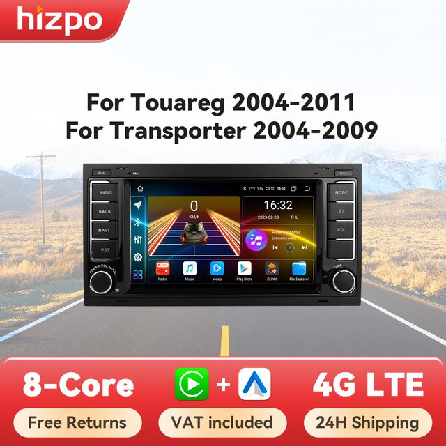 Hizpo Android 14 Autoradio mit Carplay, GPS und RDS für Volkswagen VW Touareg Multivan T5 Transporter 2004-2009, Schwarz - Bild 1