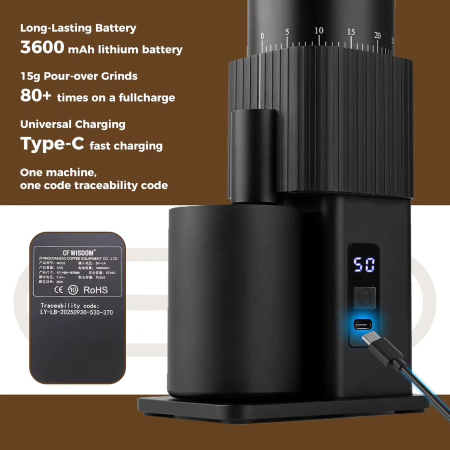 CF Wisdom Elektrische Kaffeemühle Schwarz, Tragbare USB-Aufladbare Kaffeebohnenmühle mit Einstellbaren Mahlgraden für Reisen, Zuhause und Büro - Bild 3
