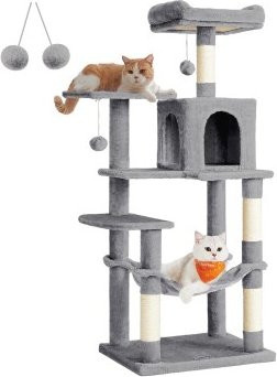 FEANDREA Kratzbaum für Katzen mit Hängematte, Höhle und integriertem Spielzeug, Höhe: 143 cm, Grau/Beige - Bild 1