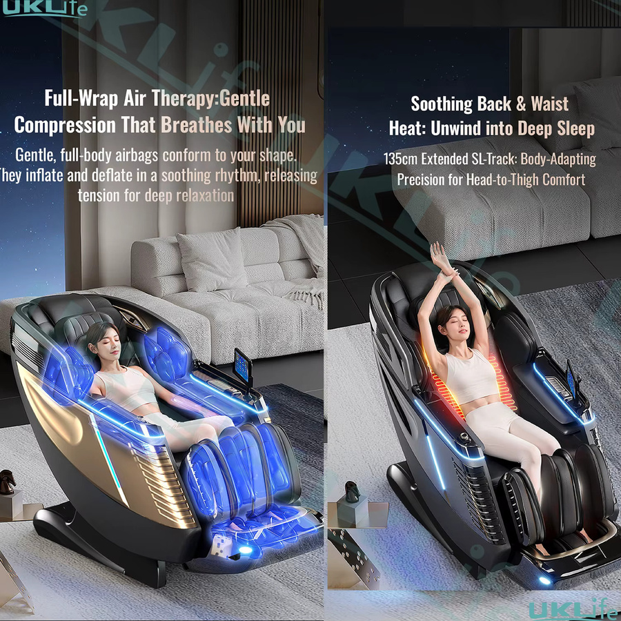ukLife Intelligenter Massagesessel 2026 mit Schallwellenmechanismus, Ganzkörper-Airbag, KI-Sprachsteuerung, Zero Gravity und SL-Track sowie Rückenheizung in Schwarz-Gold - Bild 4