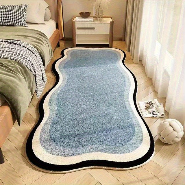 VIKAMA Französischer Creme-Teppich in Beige oder Blau, weiche und rutschfeste Erkerfenster-Matte im modernen Wellen-Design für dein Schlafzimmer - Bild 1