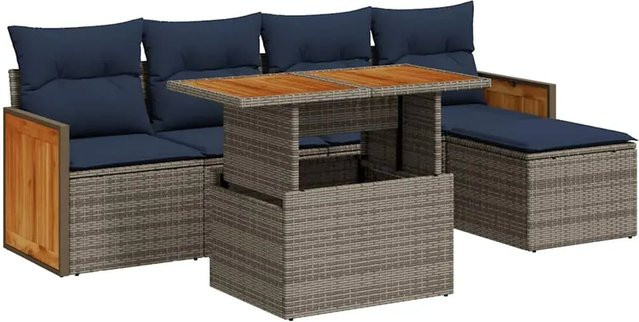 vidaXL 6-teilige Garten-Sofagarnitur mit Kissen aus grauem Poly-Rattan und Akazienholz - Bild 1
