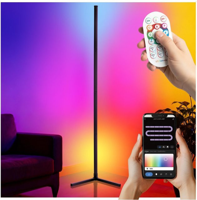 tectake LED-Stehlampe Spectra in Schwarz mit 16 Millionen Farben, über 200 Lichteffekten, Fernbedienung, Musik-Aktivierungsmodus und Höhenverstellung, B/T/H: 29,5 x 29,5 x 145 cm - Bild 1
