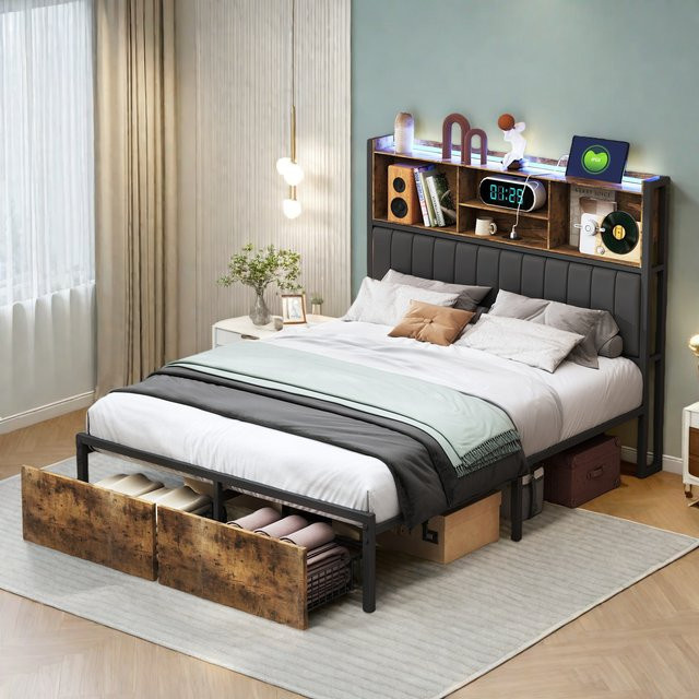 Superaly Gepolstertes Doppelbett mit LED-Beleuchtung, USB-Ladefunktion und Schubladen, B/T: 140 x 200 cm, PU-Leder - Bild 1
