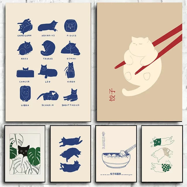Potdemiel Leinwandgemälde Schläfrige Kätzchen Minimalistisches Tier-Illustrationsposter in Mehrfarbig - Bild 1